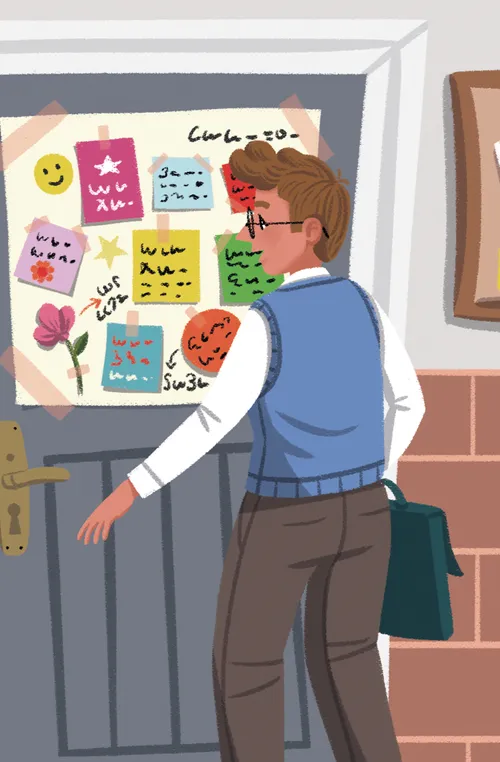 "1. 3 girls (about age 10) peeking around a corner. Ethnicity  represented, Caucasian, African American, and East Asian. 2. Stars for title treatment. 3. A teacher seeing a poster the girls have made. Stars and smiley faces and handwritten notes.  4. Spot illustration of Rylie and friend high-fiving."