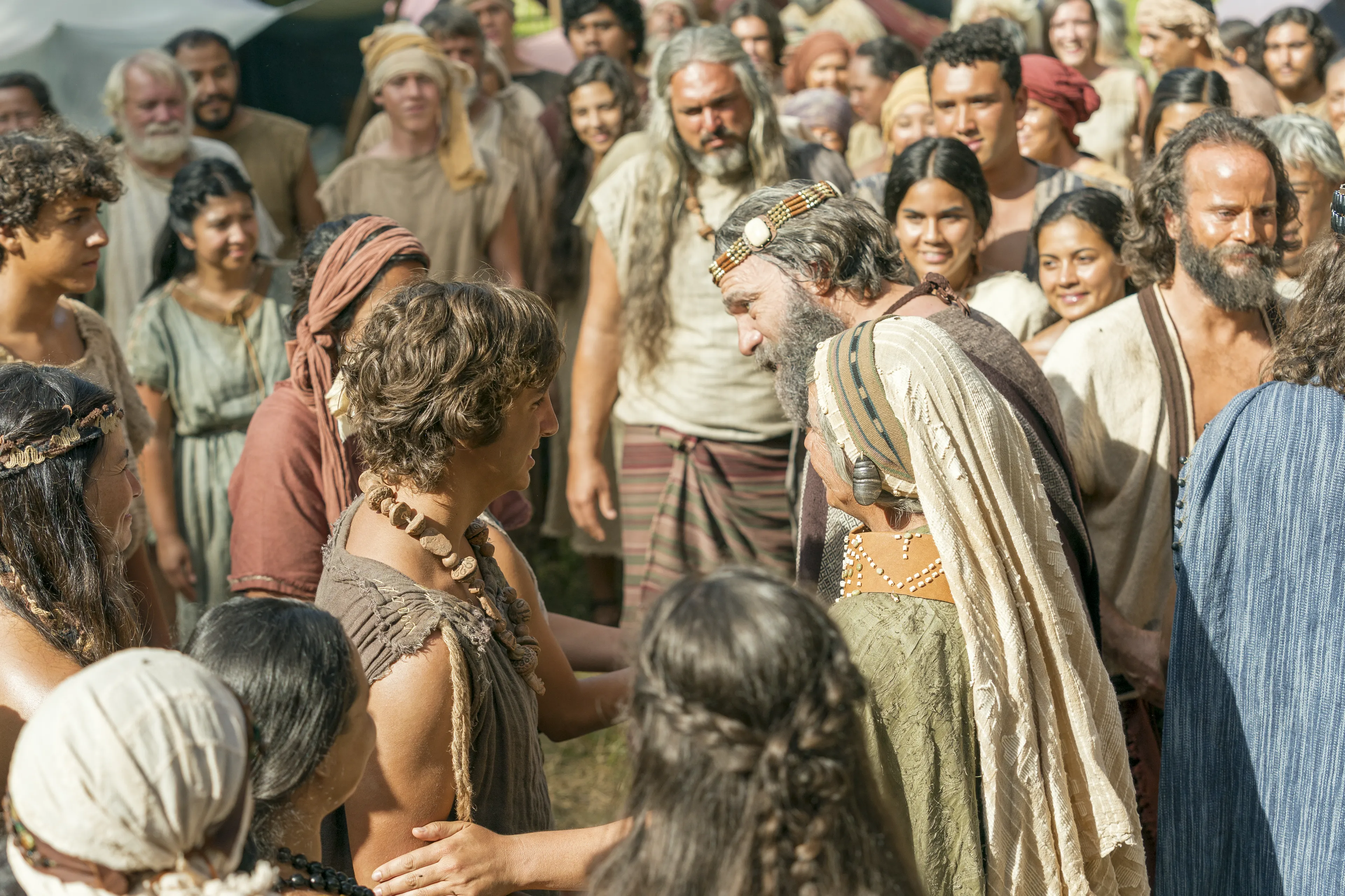 King Benjamin greets the Nephites in the Land of Zarahemla.