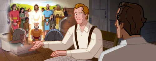 Joseph Smith speaking to Oliver Cowdery with an imagination bubble showing Christ visiting the Nephites