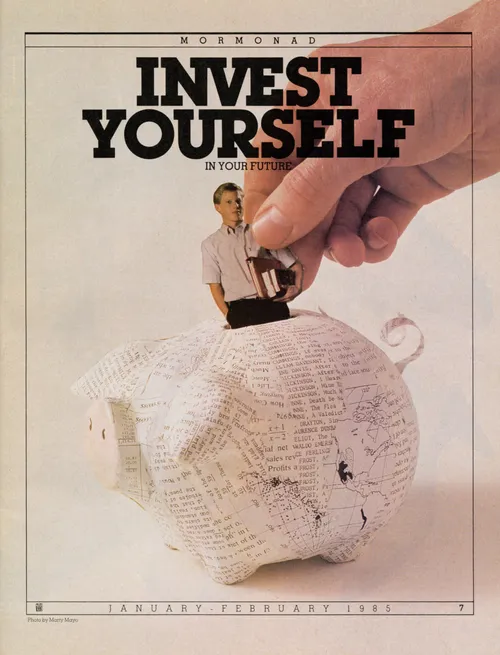 A conceptual photograph of a hand placing a picture of a young man into a piggy bank, paired with the words “Invest Yourself in Your Future.”