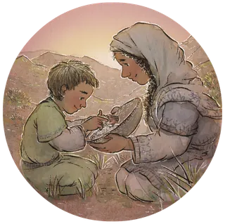 mother and child gathering manna