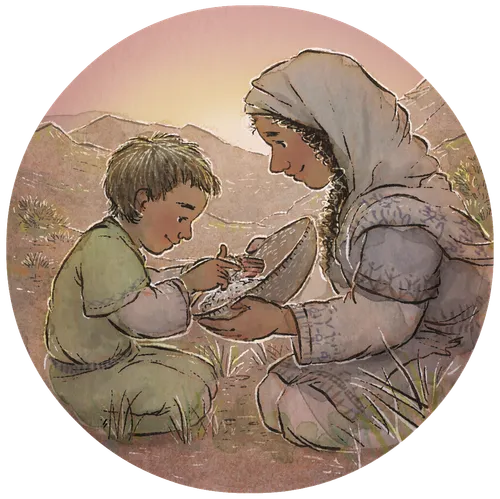 mother and child gathering manna