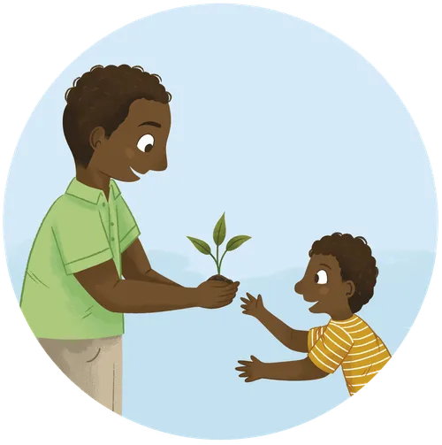 dad handing boy a small plant