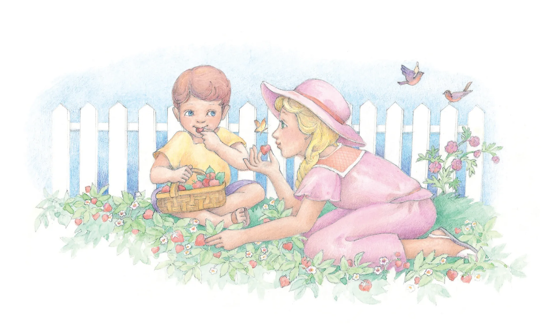 Two children eating strawberries in a garden. From the Children’s Songbook, page 24, “Thank Thee, Father”; watercolor illustration by Phyllis Luch.