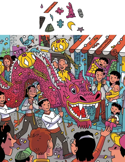 A family and others attend a Chinese New Year parade. A large dragon is carried through the streets while everybody watches.