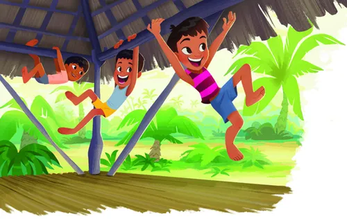 Children swinging on support beams in tree hut