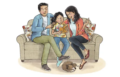 girl talking with her parents on couch