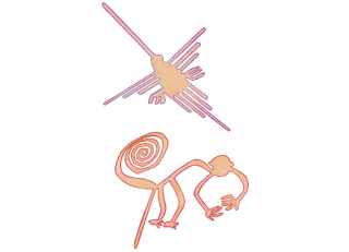 Stylized Nazca art of a bird and a monkey