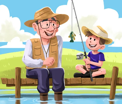 Panel 1: Beckham and Grandpa are fishing. Beckham has caught a small fish. Panel 2: Beckham is talking with Mom. Grandpa might be seen in the background watching. The speech bubble shows a scene or part of a scene like the one in panel 1, but Beckham is holding a fish that is obviously bigger than the one in panel 1. Panel 3: Beckham and one or two other boys are playing some sort of jumping game together. Beckham is mid-jump. Panel 4: Beckham is talking with his dad. The speech bubble shows Beckham jumping unreasonably/comically far. Grandpa might be seen in the background. Panel 5: Beckham is at a petting zoo. A zoo attendant is holding a monkey for Beckham to give some fruit to. Panel 6: Beckham and Grandpa are walking or sitting together on the couch. Beckham‚Äö√Ñ√¥s speech bubble shows him holding the fruit out to a dragon. Panel 7: Grandpa looks at Beckham. Beckham is blushing. Panel 8: Grandpa hugs Beckham. Panel 9: Grandpa and Beckham together.