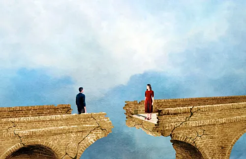 woman and man facing each other on a broken bridge