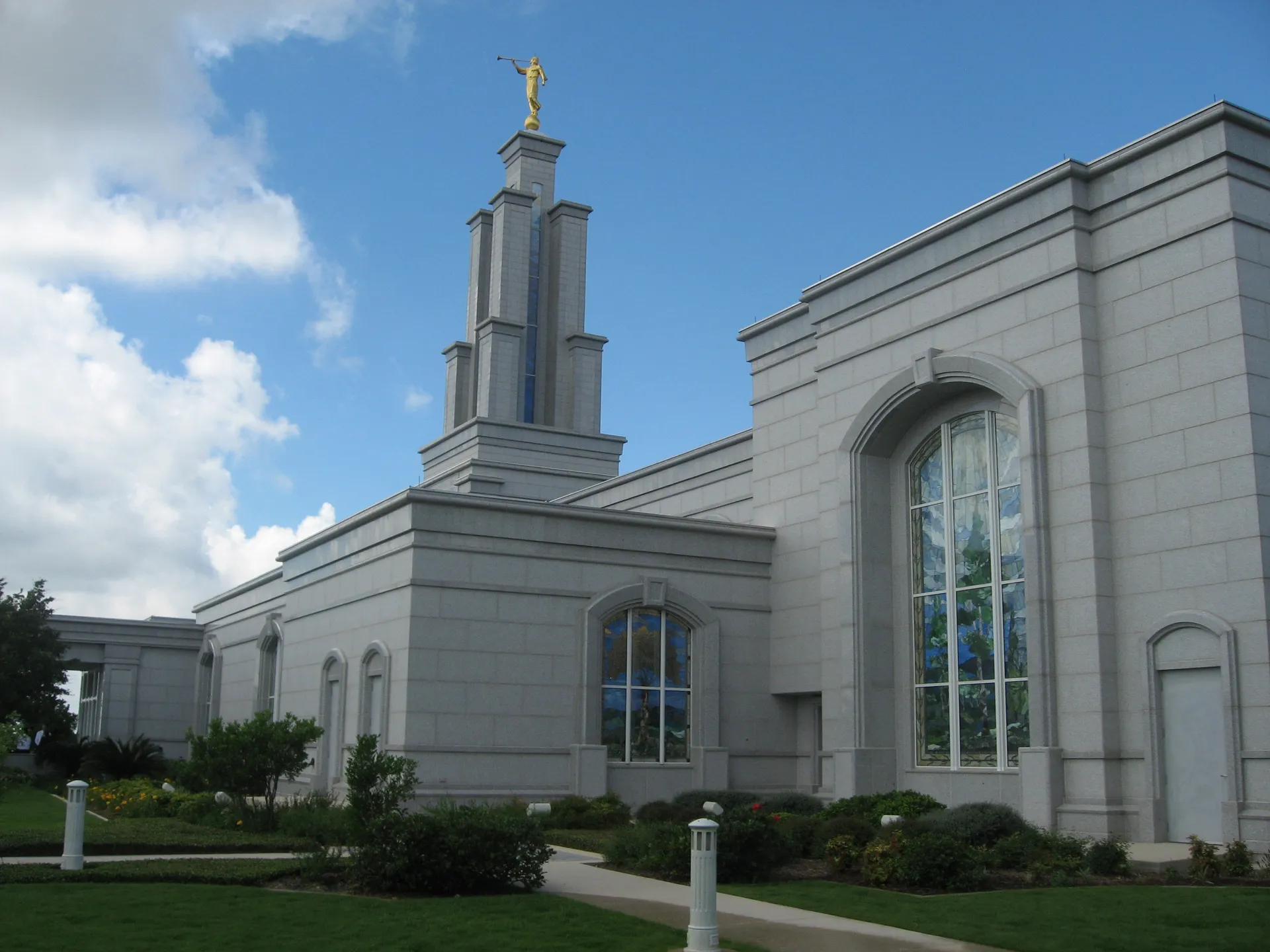 The San Antonio Texas Temple, including the windows, entrance, and scenery.