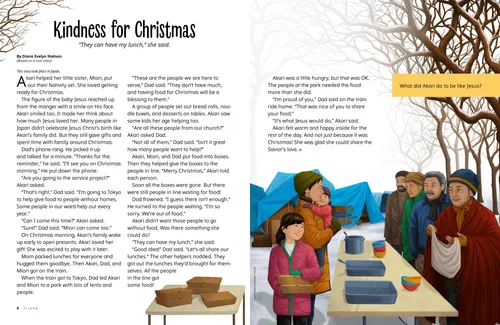 Story PDF with illustation of girl helping hand out food to people at a table outside