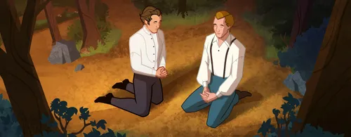 Joseph Smith and Oliver Cowdery in the woods, kneeling in prayer.