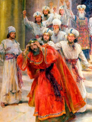 Uzziah being chased from temple as leprosy appears on his forehead