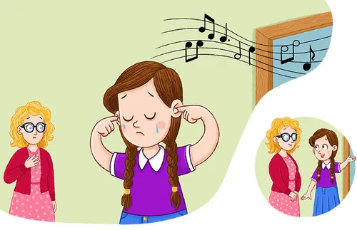 girl plugging her ears while music plays