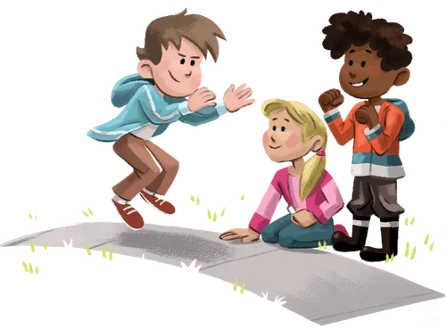 Panel 1: Beckham and Grandpa are fishing. Beckham has caught a small fish. Panel 2: Beckham is talking with Mom. Grandpa might be seen in the background watching. The speech bubble shows a scene or part of a scene like the one in panel 1, but Beckham is holding a fish that is obviously bigger than the one in panel 1. Panel 3: Beckham and one or two other boys are playing some sort of jumping game together. Beckham is mid-jump. Panel 4: Beckham is talking with his dad. The speech bubble shows Beckham jumping unreasonably/comically far. Grandpa might be seen in the background. Panel 5: Beckham is at a petting zoo. A zoo attendant is holding a monkey for Beckham to give some fruit to. Panel 6: Beckham and Grandpa are walking or sitting together on the couch. Beckham‚Äö√Ñ√¥s speech bubble shows him holding the fruit out to a dragon. Panel 7: Grandpa looks at Beckham. Beckham is blushing. Panel 8: Grandpa hugs Beckham. Panel 9: Grandpa and Beckham together.