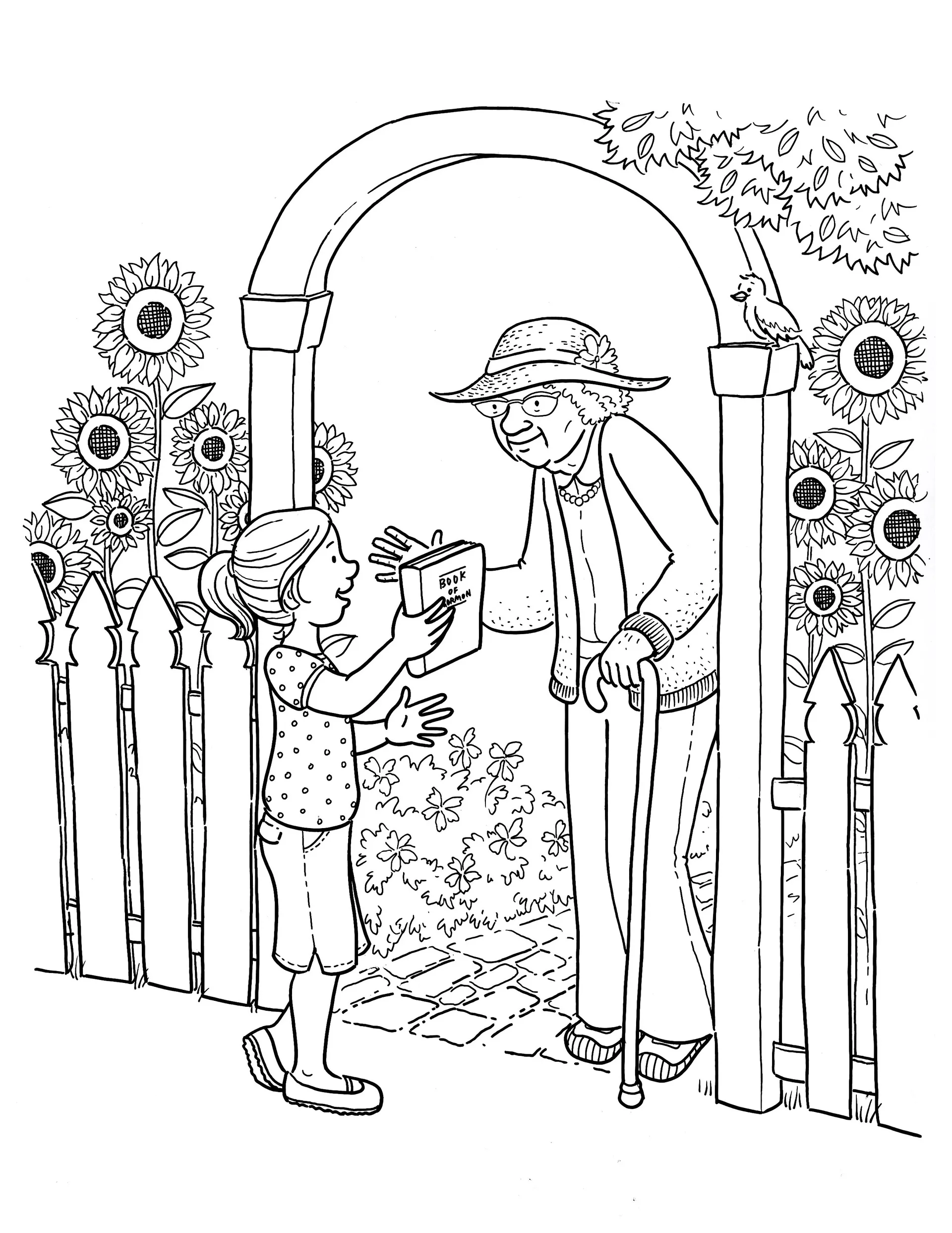 A girl gives an elderly woman a copy of the Book of Mormon.