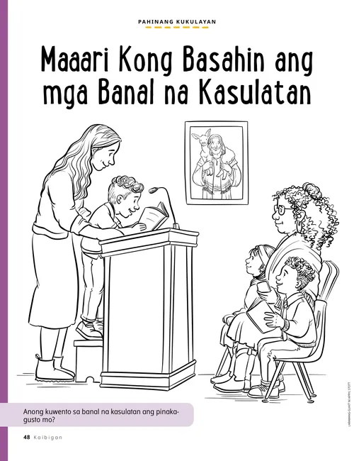 Pahina na kukulayan tungkol sa isang bata na nagbabasa ng talata sa Primary