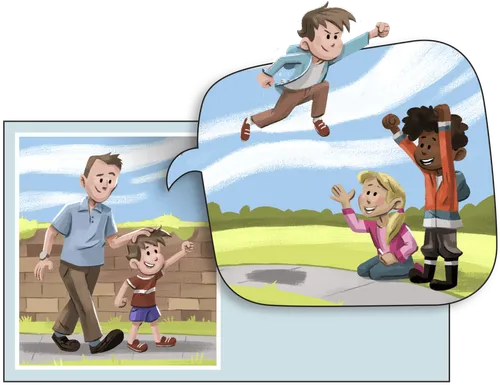 Panel 1: Beckham and Grandpa are fishing. Beckham has caught a small fish. Panel 2: Beckham is talking with Mom. Grandpa might be seen in the background watching. The speech bubble shows a scene or part of a scene like the one in panel 1, but Beckham is holding a fish that is obviously bigger than the one in panel 1. Panel 3: Beckham and one or two other boys are playing some sort of jumping game together. Beckham is mid-jump. Panel 4: Beckham is talking with his dad. The speech bubble shows Beckham jumping unreasonably/comically far. Grandpa might be seen in the background. Panel 5: Beckham is at a petting zoo. A zoo attendant is holding a monkey for Beckham to give some fruit to. Panel 6: Beckham and Grandpa are walking or sitting together on the couch. Beckham‚Äö√Ñ√¥s speech bubble shows him holding the fruit out to a dragon. Panel 7: Grandpa looks at Beckham. Beckham is blushing. Panel 8: Grandpa hugs Beckham. Panel 9: Grandpa and Beckham together.