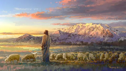 Jesus Christ standing by a herd of sheep, with mountains in the background