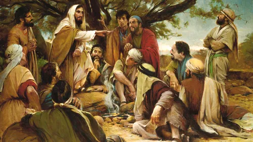 Jesus Christ teaching the Twelve Apostles on a rocky landscape beneath a tree