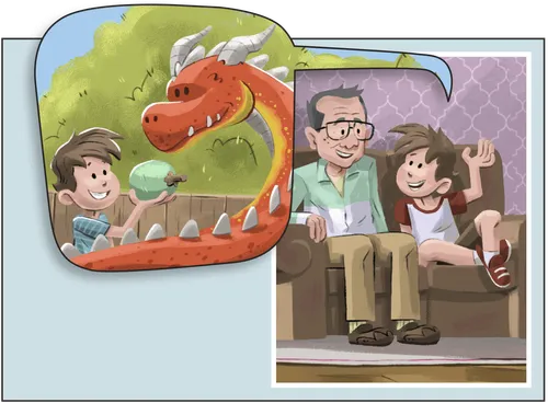 Panel 1: Beckham and Grandpa are fishing. Beckham has caught a small fish. Panel 2: Beckham is talking with Mom. Grandpa might be seen in the background watching. The speech bubble shows a scene or part of a scene like the one in panel 1, but Beckham is holding a fish that is obviously bigger than the one in panel 1. Panel 3: Beckham and one or two other boys are playing some sort of jumping game together. Beckham is mid-jump. Panel 4: Beckham is talking with his dad. The speech bubble shows Beckham jumping unreasonably/comically far. Grandpa might be seen in the background. Panel 5: Beckham is at a petting zoo. A zoo attendant is holding a monkey for Beckham to give some fruit to. Panel 6: Beckham and Grandpa are walking or sitting together on the couch. Beckham‚Äö√Ñ√¥s speech bubble shows him holding the fruit out to a dragon. Panel 7: Grandpa looks at Beckham. Beckham is blushing. Panel 8: Grandpa hugs Beckham. Panel 9: Grandpa and Beckham together.