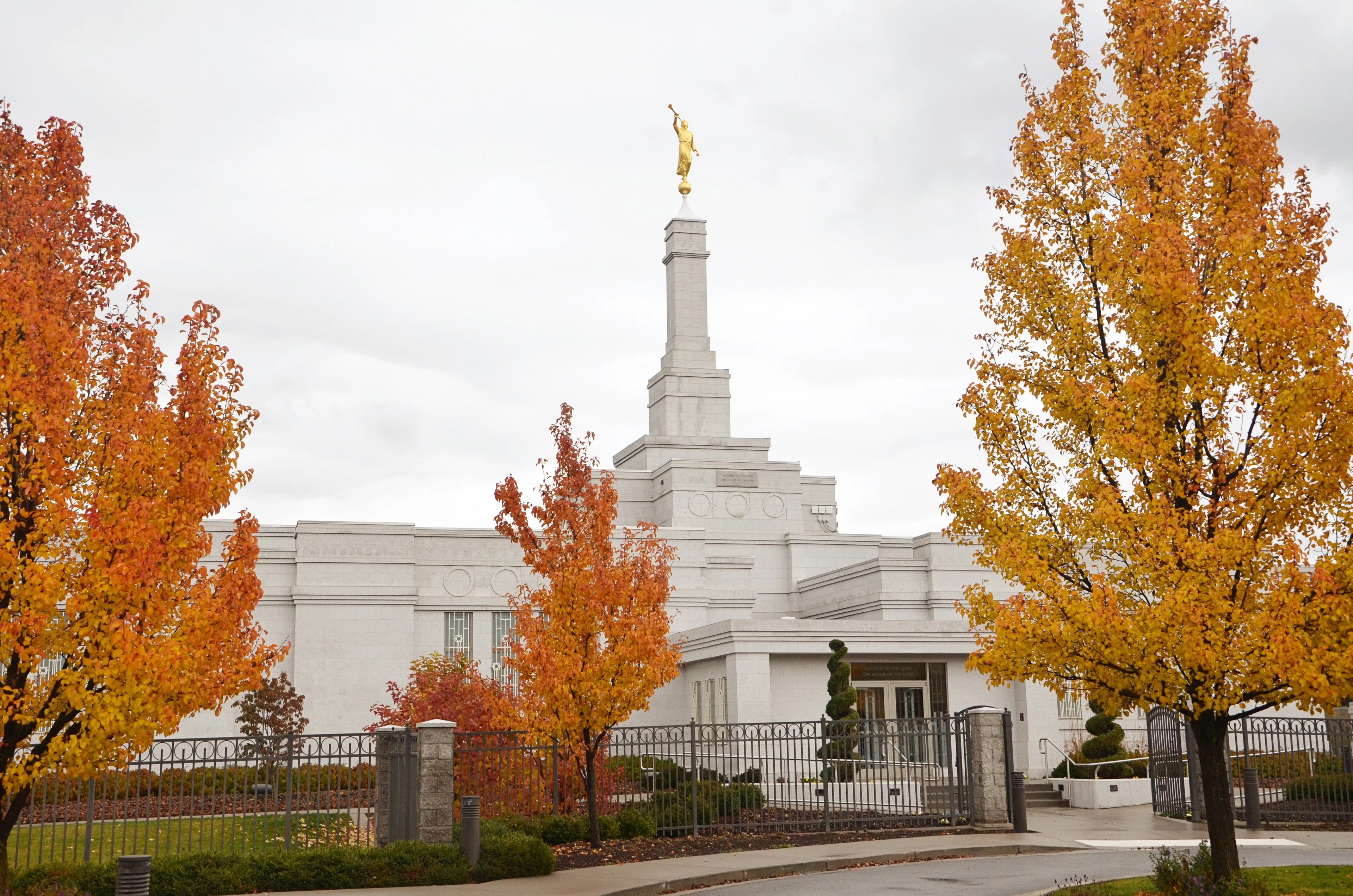Trees outside the Spokane Washington Temple in the fall.