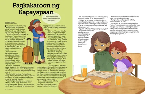 PDF ng pahinang may isang batang babae na niyayakap ang kanyang ate, at isang batang babaeng nakaupo kasama ang kanyang ina na nag-aalmusal habang binabasa ang isang magasin