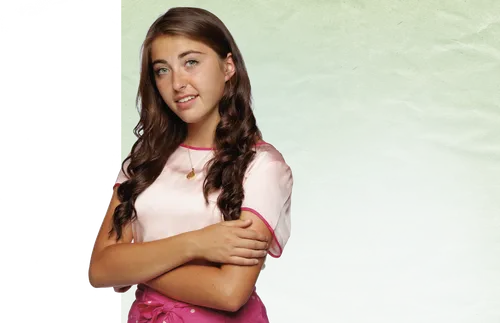 A young woman wearing a pink dress.