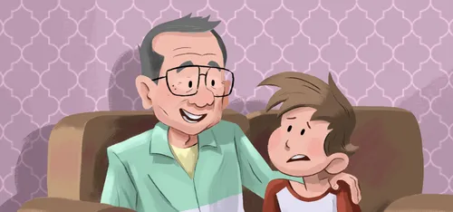 Panel 1: Beckham and Grandpa are fishing. Beckham has caught a small fish. Panel 2: Beckham is talking with Mom. Grandpa might be seen in the background watching. The speech bubble shows a scene or part of a scene like the one in panel 1, but Beckham is holding a fish that is obviously bigger than the one in panel 1. Panel 3: Beckham and one or two other boys are playing some sort of jumping game together. Beckham is mid-jump. Panel 4: Beckham is talking with his dad. The speech bubble shows Beckham jumping unreasonably/comically far. Grandpa might be seen in the background. Panel 5: Beckham is at a petting zoo. A zoo attendant is holding a monkey for Beckham to give some fruit to. Panel 6: Beckham and Grandpa are walking or sitting together on the couch. Beckham‚Äö√Ñ√¥s speech bubble shows him holding the fruit out to a dragon. Panel 7: Grandpa looks at Beckham. Beckham is blushing. Panel 8: Grandpa hugs Beckham. Panel 9: Grandpa and Beckham together.