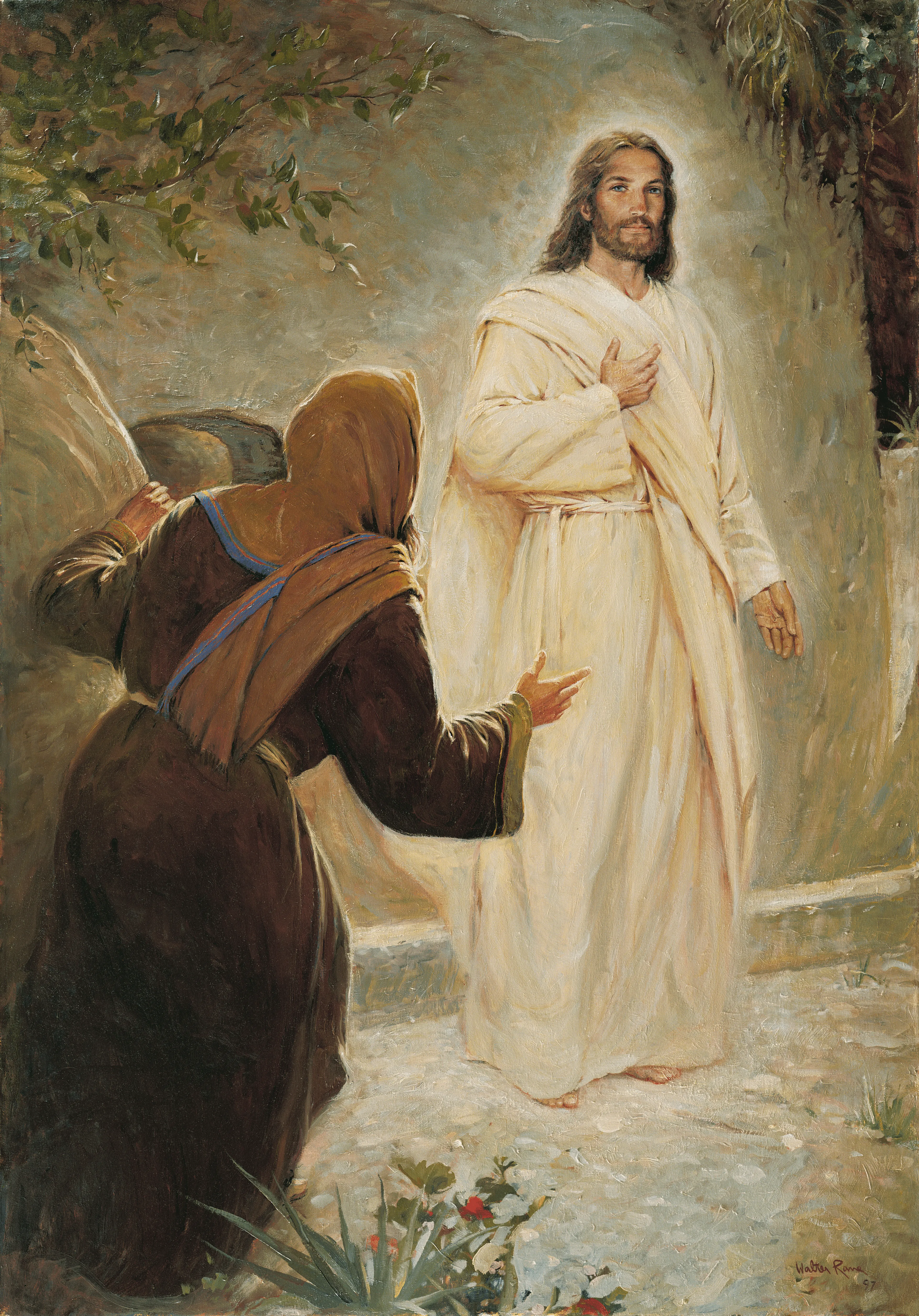 The resurrected Christ is depicted appearing to Mary Magdalene outside the entrance to the empty tomb.