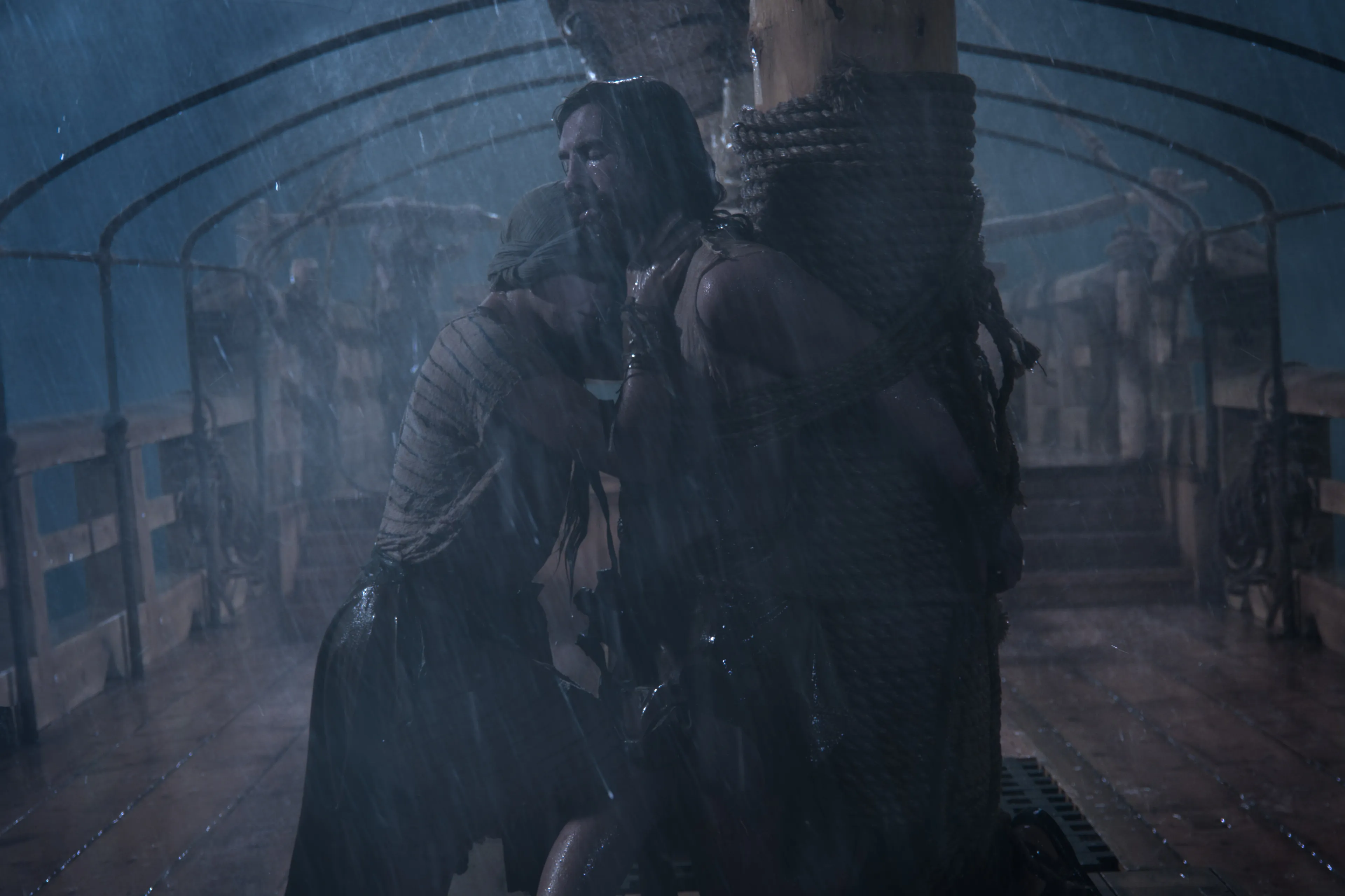 Nephi's wife prays during the storm and comforts Nephi.