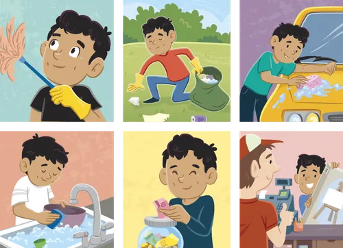 Paolo doing various chores, putting his money in a jar, and buying a new easel