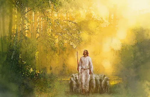 Jesus leading some sheep