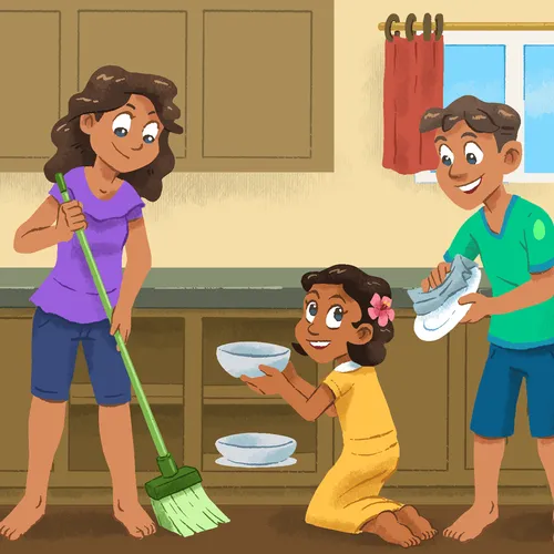 siblings doing chores in kitchen