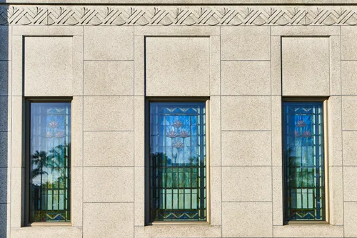 Image of the exterior of the Belem Brazil Temple. Features the stained glass windows.