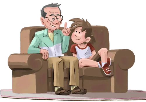 Panel 1: Beckham and Grandpa are fishing. Beckham has caught a small fish. Panel 2: Beckham is talking with Mom. Grandpa might be seen in the background watching. The speech bubble shows a scene or part of a scene like the one in panel 1, but Beckham is holding a fish that is obviously bigger than the one in panel 1. Panel 3: Beckham and one or two other boys are playing some sort of jumping game together. Beckham is mid-jump. Panel 4: Beckham is talking with his dad. The speech bubble shows Beckham jumping unreasonably/comically far. Grandpa might be seen in the background. Panel 5: Beckham is at a petting zoo. A zoo attendant is holding a monkey for Beckham to give some fruit to. Panel 6: Beckham and Grandpa are walking or sitting together on the couch. Beckham‚Äö√Ñ√¥s speech bubble shows him holding the fruit out to a dragon. Panel 7: Grandpa looks at Beckham. Beckham is blushing. Panel 8: Grandpa hugs Beckham. Panel 9: Grandpa and Beckham together.