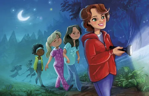 leader with flashlight walking with young women