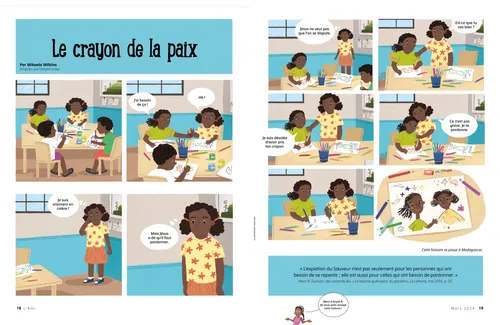Bande dessinée au format PDF illustrant l’histoire d’une fillette à l’école dessinant avec ses camarades de classe à une table