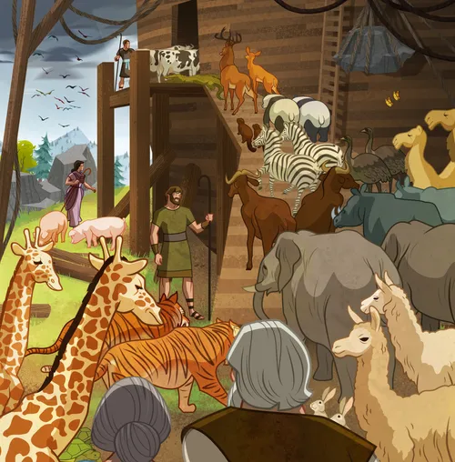 Illustration of animals getting on the ark