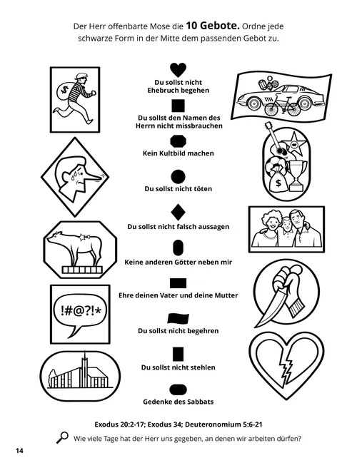 PDF/Ausmalbild mit einer Zuordnungsaktivität: Die Zehn Gebote