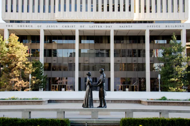 The Joseph and Emma Smith statue on the plaza between the Church Office Building and the Church Administration Building.