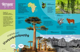 Էջ PDF՝ Աֆրիկայի փոքր քարտեզով և բաոբաբ ծառերի, քարե գոյացությունների, վանիլ բույսի, լեմուրի և զեբուի պատկերներով