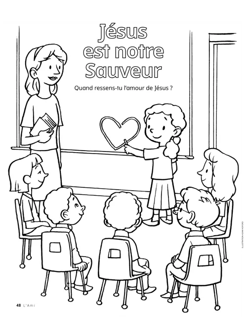 Coloriage représentant une instructrice et des enfants dans une classe de la Primaire, et un enfant dessinant un cœur au tableau