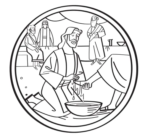 Illustration au trait représentant Jésus-Christ lavant les pieds de ses disciples