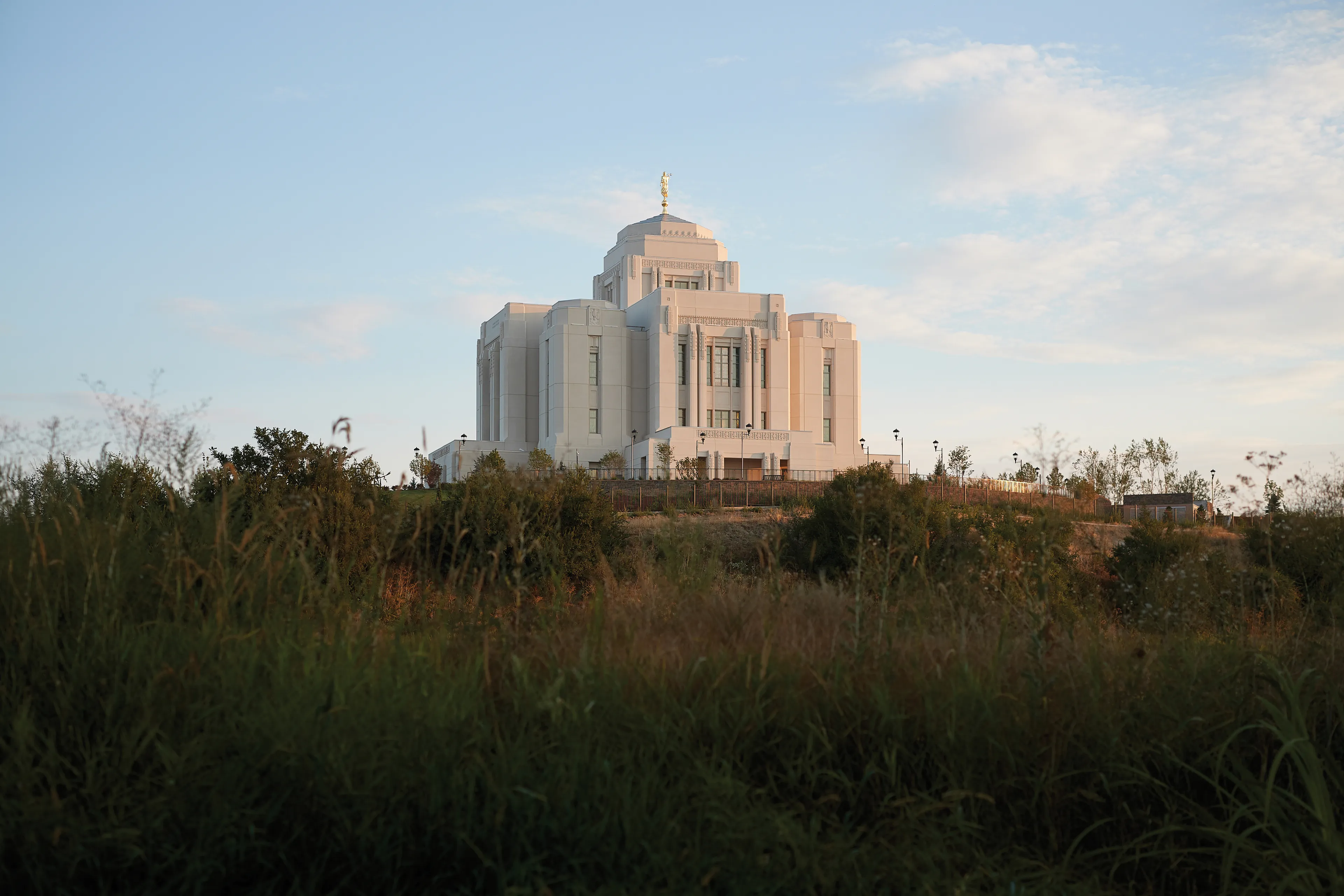 The exterior of the Meridian Idaho Temple at sunset.