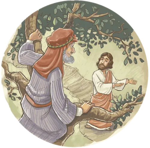 Three (3) spot illustrations of Jesus.  1. Zacchaeus in the tree and Jesus looking up at him. 2. Christ with two or 3 Biblical-era kids. 3. Christ and the woman with a container of oil BEFORE she starts the process of wiping his feet with her hair.  Three spot illustrations of children following Christ's teachings. 1. Child sees another child eating alone, the boy is East Asian and the girl is Hispanic. 2. Child invites another child to play. Both children are of African heritage. 3. Child speaking kindly to a bullied child. Children are Caucasian.