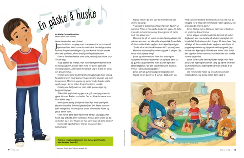 PDF-side med illustrasjoner av en gutt som synger, og en familie som sitter på gulvet med bilder av Jesus Kristus