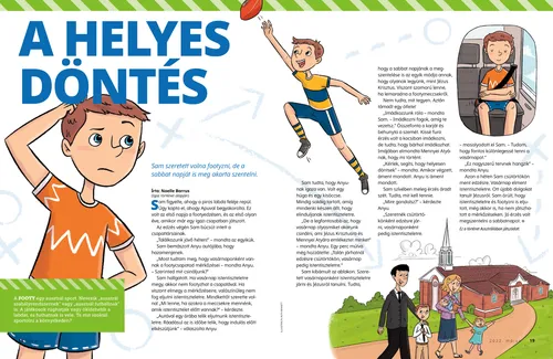 PDF-oldal illusztrációkkal, amelyeken egy fiú vakarja a fejét, labdázik, autóban imádkozik, és a családjával együtt istentiszteletre megy