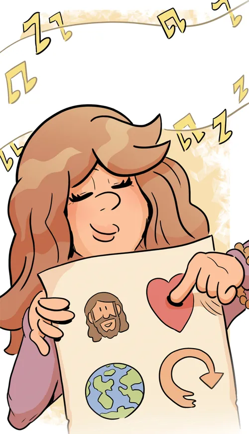 Music leader pointing to poster